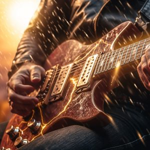 Rock guitarist, metal rockstar playing guitar with lightning on the strings.