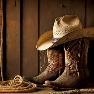 hat and rope next to old cowboy boots in barn